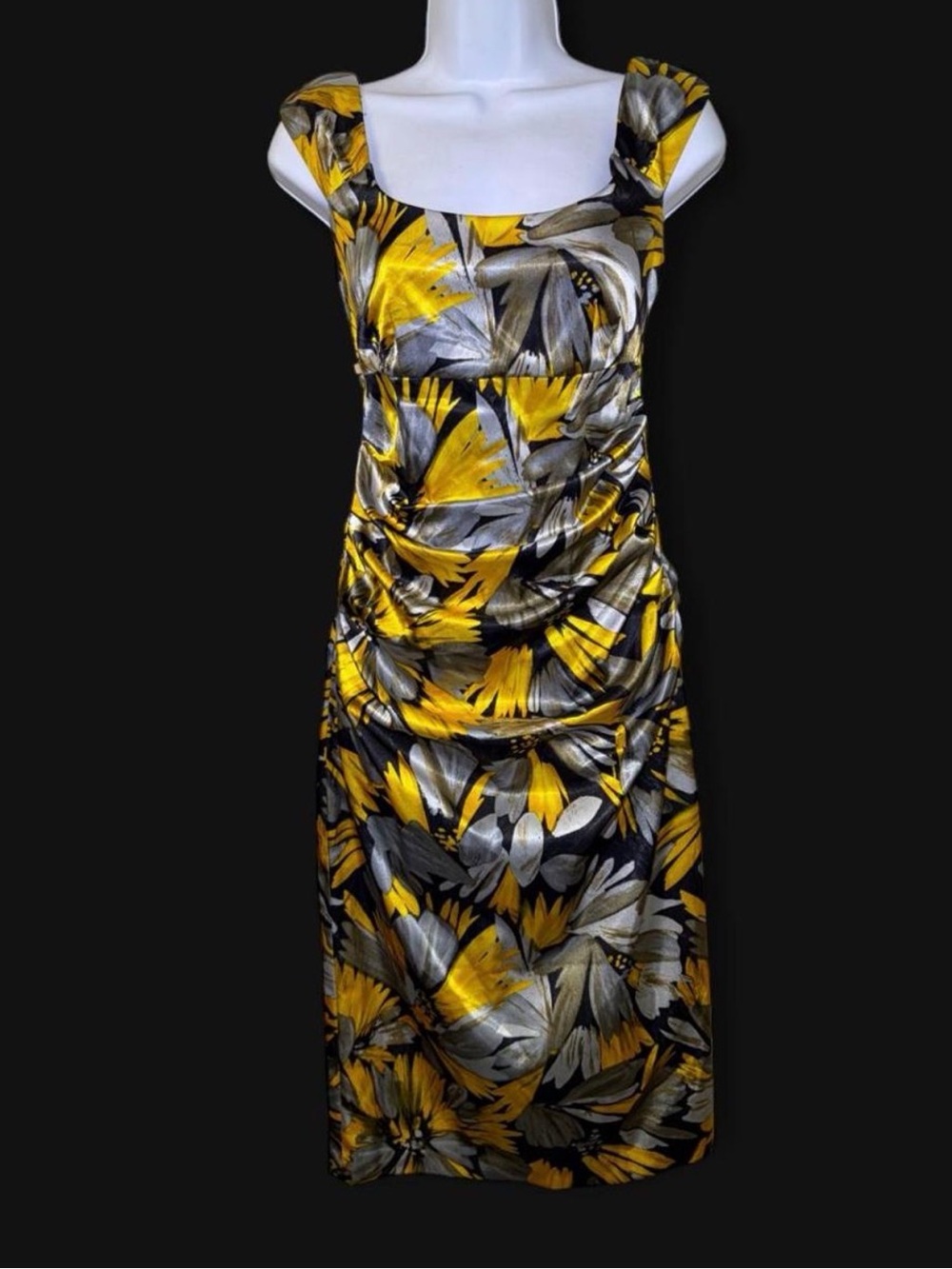 London Times Yellow & Gray Floral Square-Neck Midi Dress
